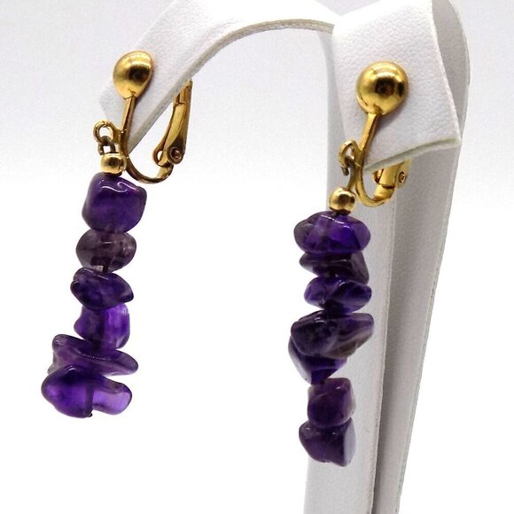 Vintage Genuine Amethyst Nuggets Dangle Drop Earrings Gold-tone Clip On - Picture 8 of 8